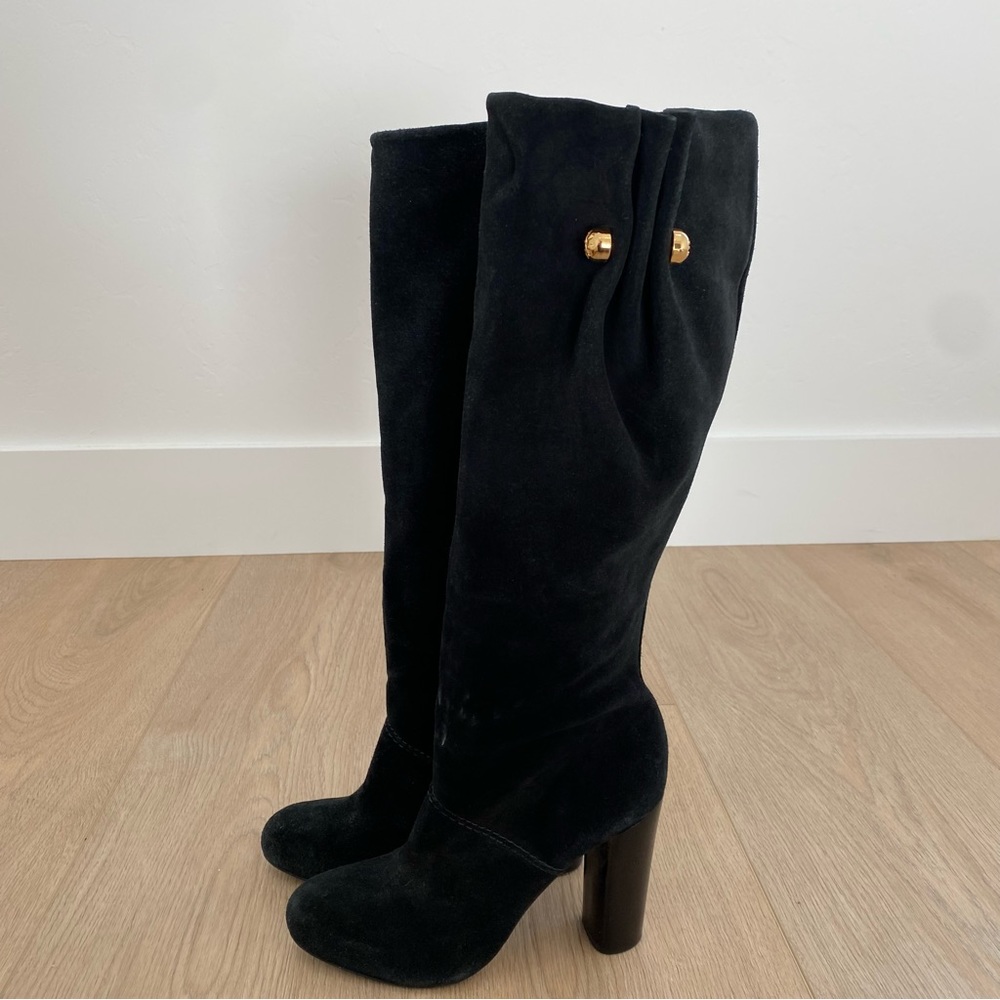 Tory Burch Black Suede Ruched Heeled Riding Boots - Picture 2 of 5